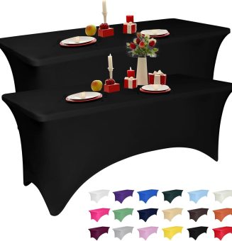 2 Pack 6 Feet Black Spandex Tablecloth for Rectangular Tables, Fitted & Stretch, Washable, Wrinkle Resistant, Perfect for Event, Wedding, Party, Banquet, Cocktail, Festival, and Table Protector
