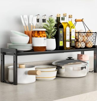 Expandable Cabinet Shelf Organizer 16-26" L Stackable Kitchen Counter Shelf Rack Sink Riser Countertop Storage Black (Normal 7.9”D)