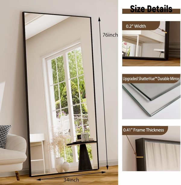GLSLAND 76"x34" Full Length Mirror Extra Large Hanging or Leaning Rectangle Mirror Aluminum Alloy Thin Frame Bedroom Floor Dressing,Black - Image 5