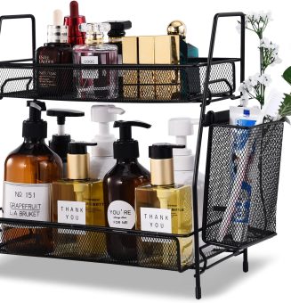 LEMIKKLE Countertop Organizer for Bathroom Counter, The Organizer for Bedroom, Spice Rack Organizer for Kitchen Counter Shelf with Small Basket(Black)